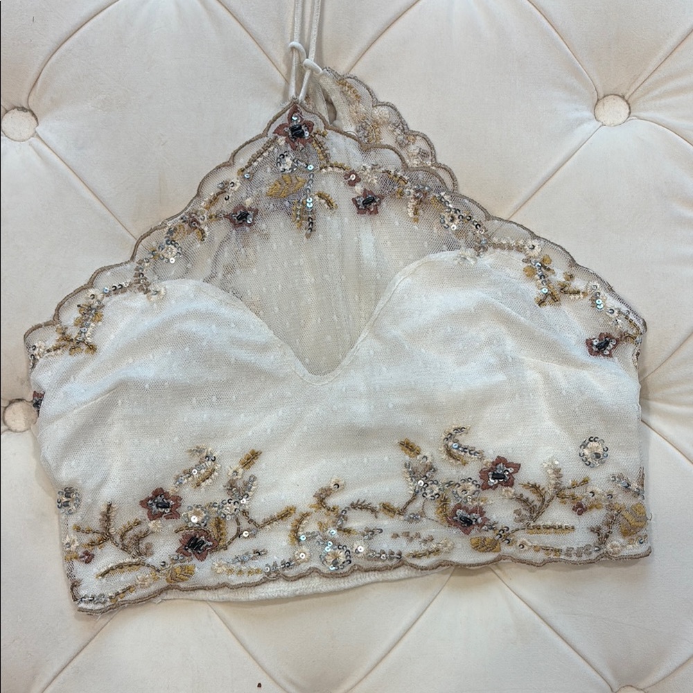 Free People White Floral Embroidered Halter Top